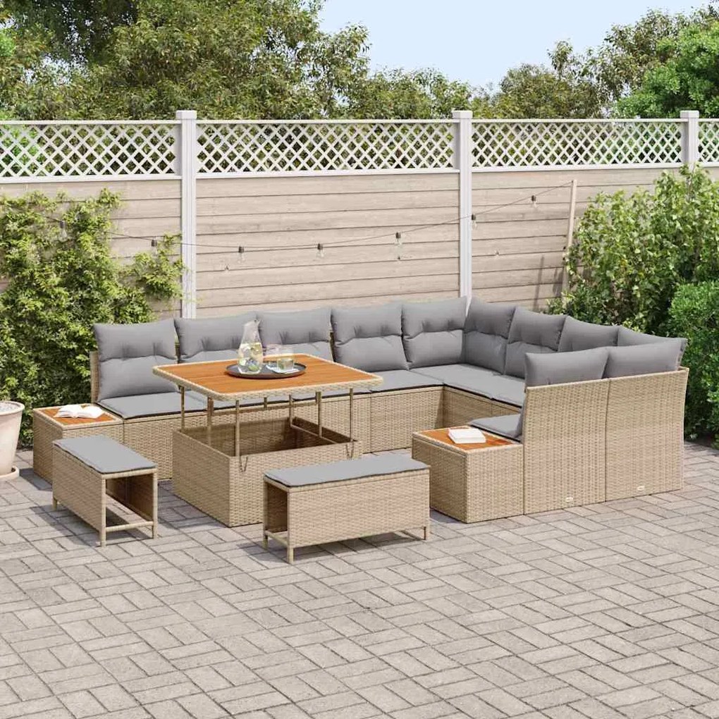 vidaXL Σετ Καναπέ Κήπου με μαξιλάρι 12 pcs Μπεζ Πολυ ράταν