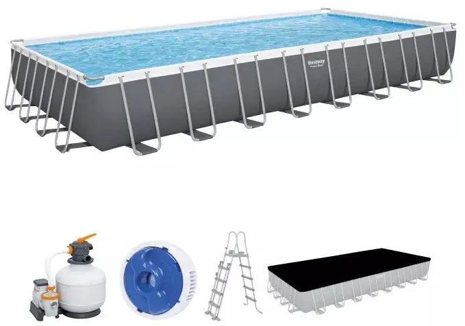 Power Steel POOL SET BESTWAY Ορθογώνια Πισίνα PVC με Μεταλλικό Σκελετό, Αντλία Φίλτρου, Σκάλα &amp; Κάλυμμα, 9.56x4.88x1.32 m, 56623