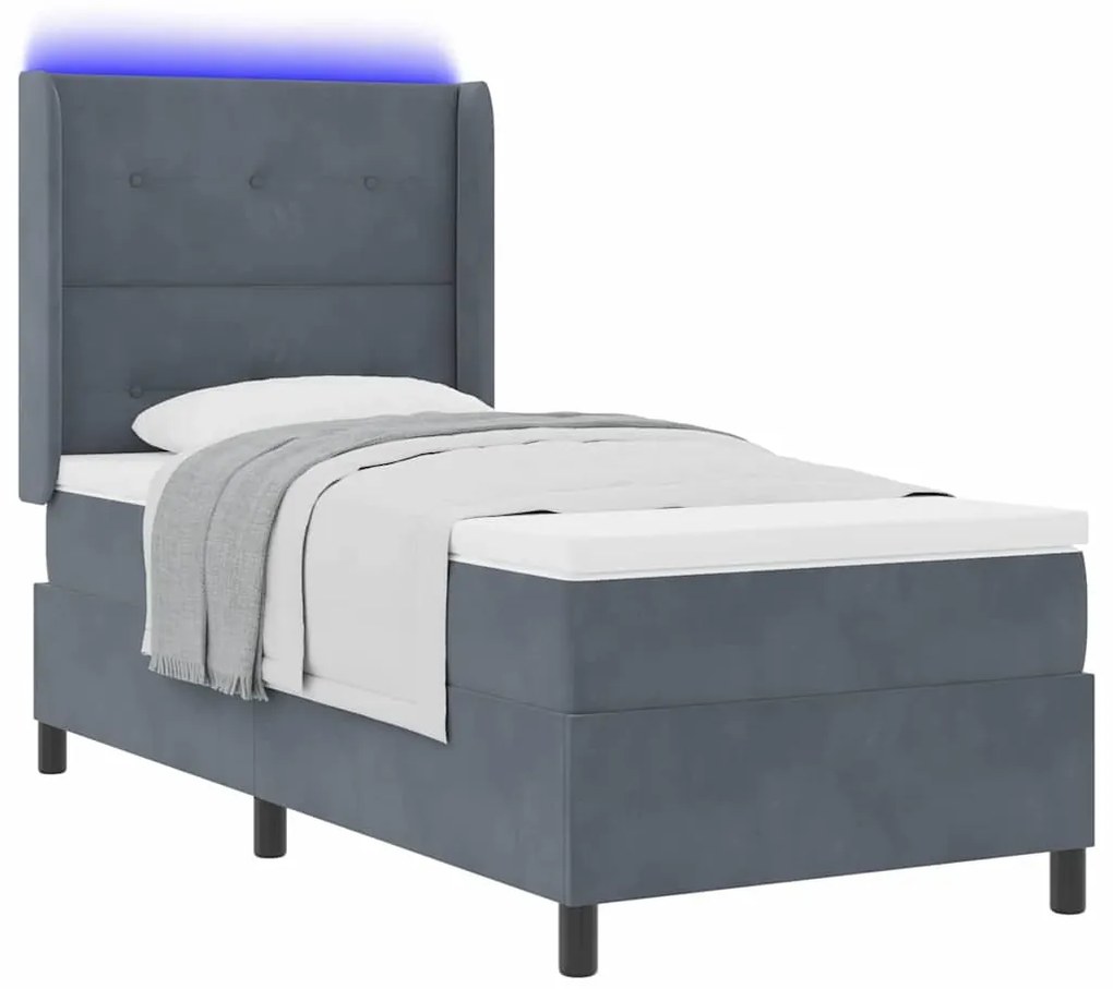 vidaXL Κρεβάτι Box Spring LED με Στρώμα Σκούρο γκρι 90 x 200 cm