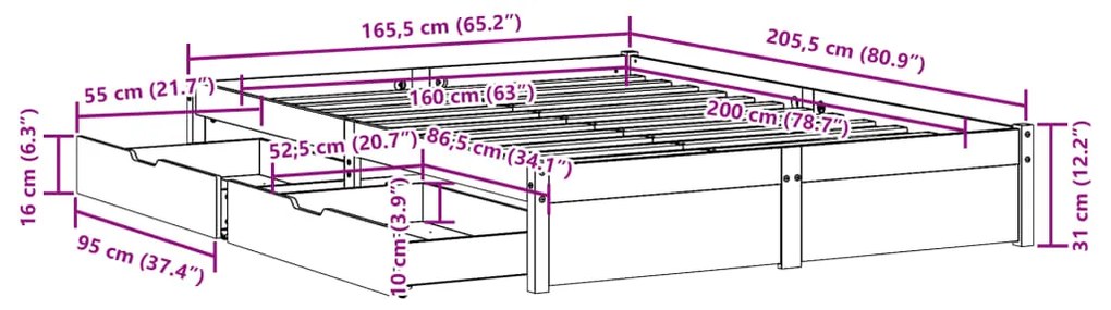 Σκελετός Κρεβ. Χωρίς Στρώμα Λευκό 160x200 εκ Μασίφ Πεύκο - Λευκό