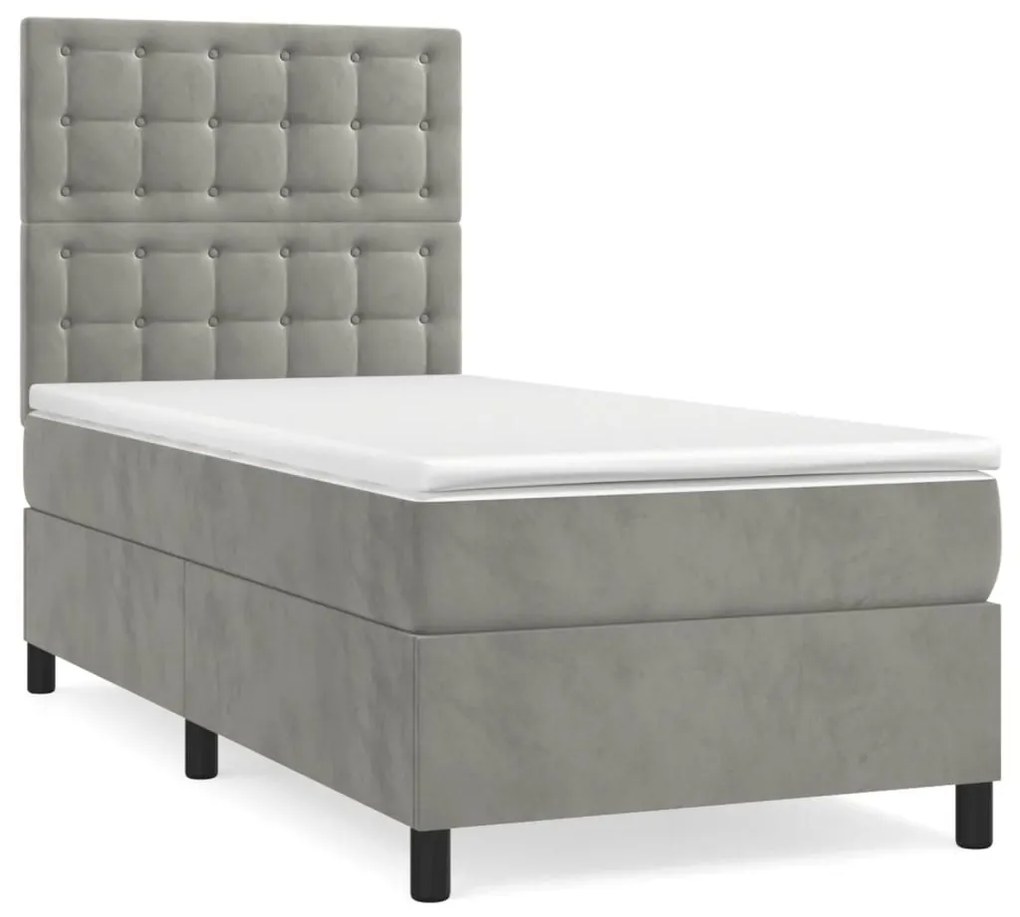 Κρεβάτι Boxspring με Στρώμα Ανοιχτό Γκρι 90x190 εκ. Βελούδινο - Γκρι