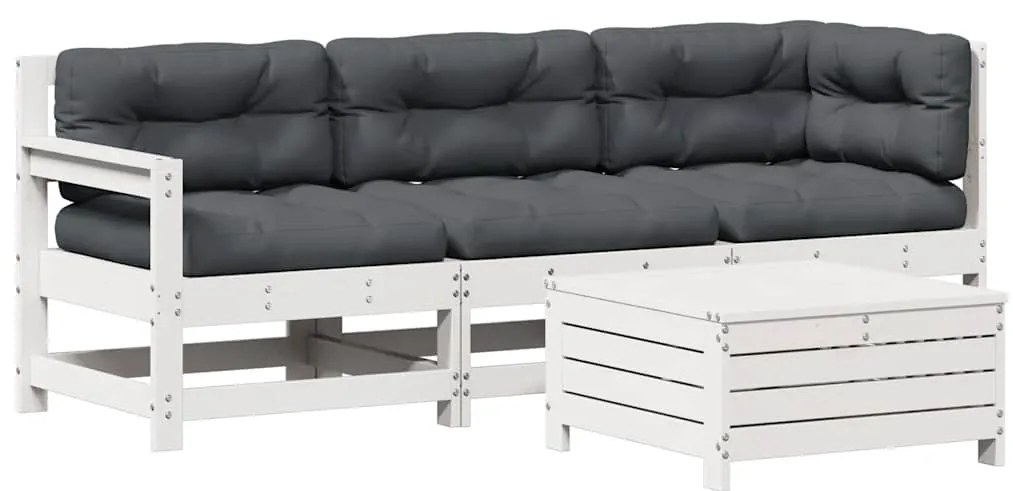 vidaXL Σαλόνι Κήπου Σετ 4 Τεμαχίων Λευκό Μασίφ Ξύλο Πεύκου &amp; Μαξιλάρια