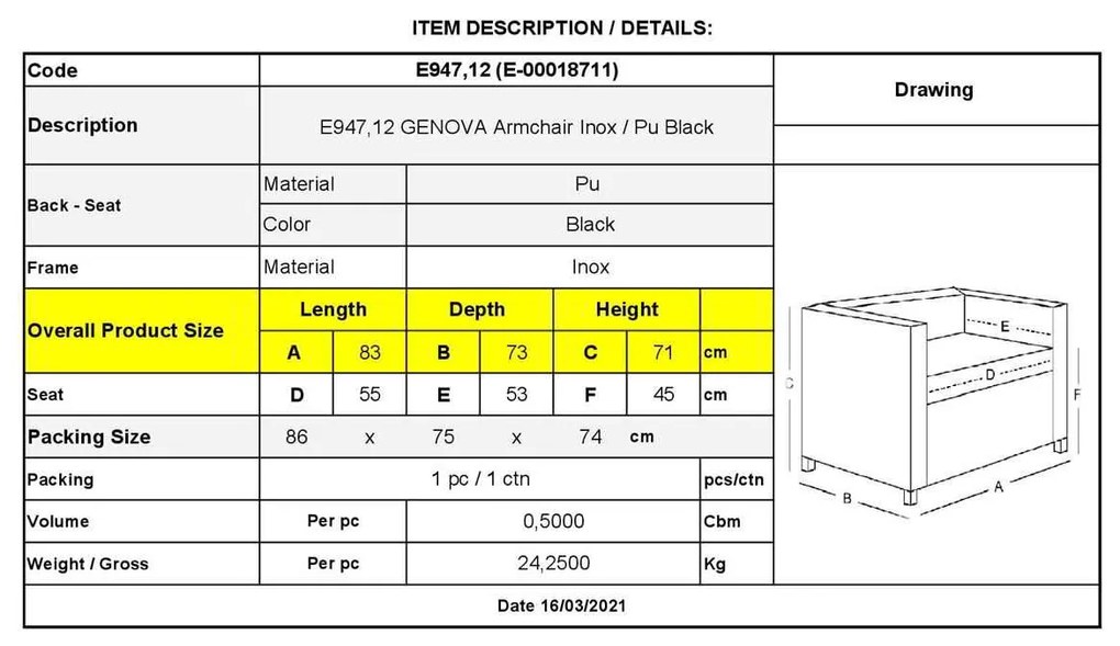 Πολυθρόνα Genova 87Χ75Χ72 Inox/PU Μαύρο
