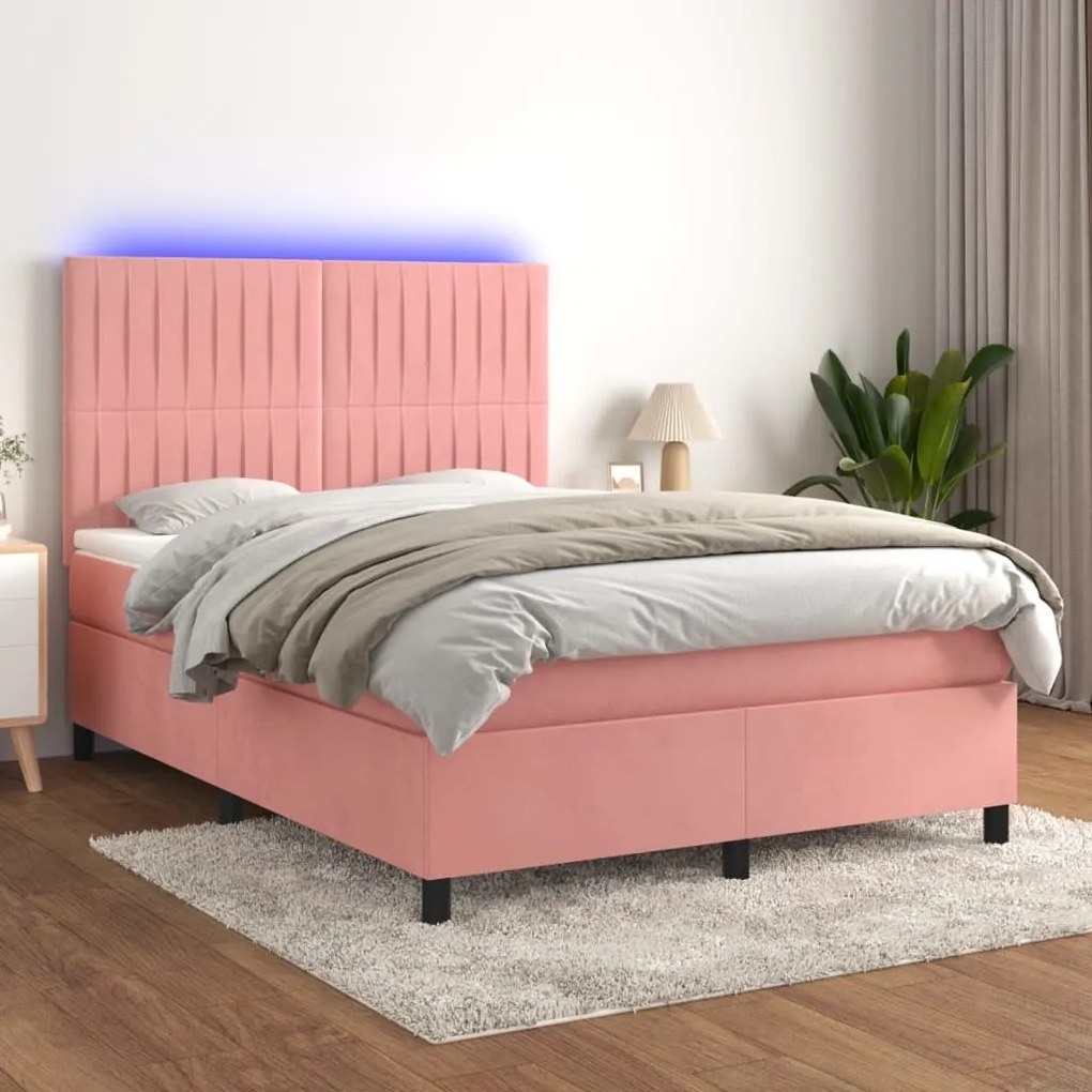 vidaXL Κρεβάτι Boxspring με Στρώμα & LED Ροζ 140x190 εκ. Βελούδινο