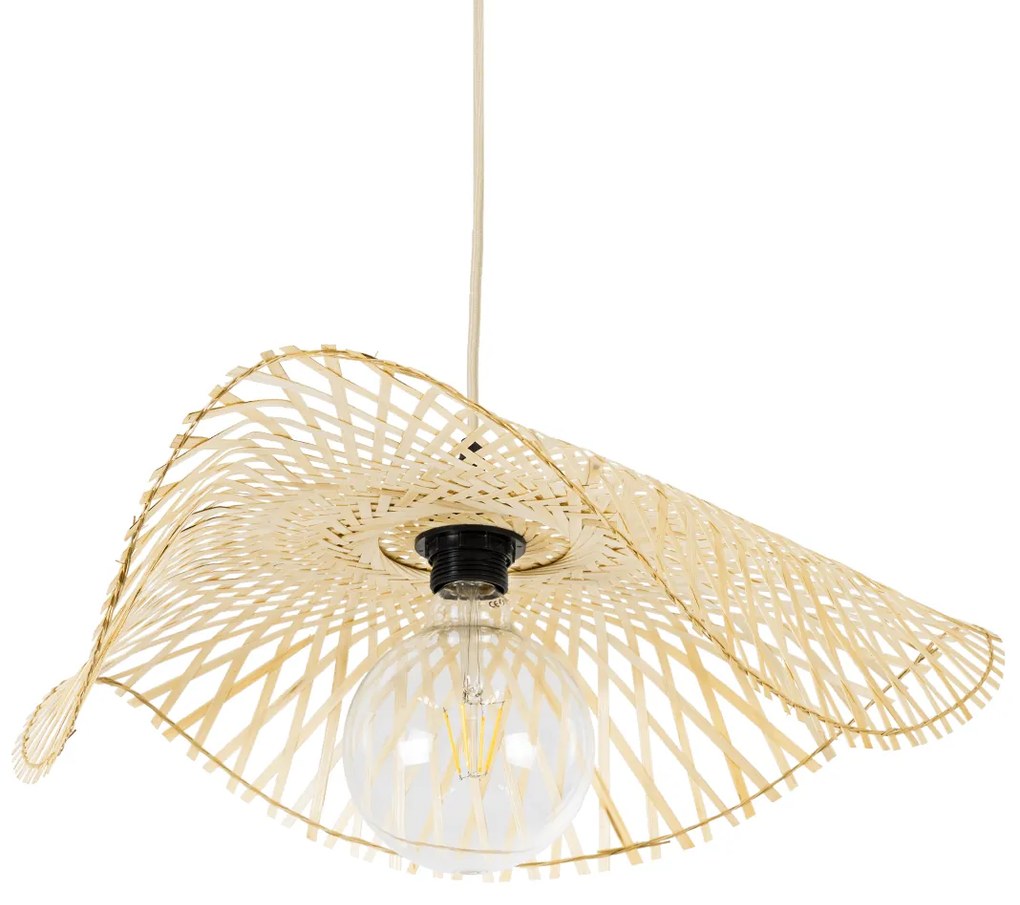 GloboStar® MELEMELE 01840 Boho Κρεμαστό Φωτιστικό Οροφής Μονόφωτο 1 x E27 AC220-240V IP20 - Φ50 x Υ7cm - Μπεζ Ξύλινο Μπαμπού Πλέγμα - 5 Χρόνια Εγγύηση