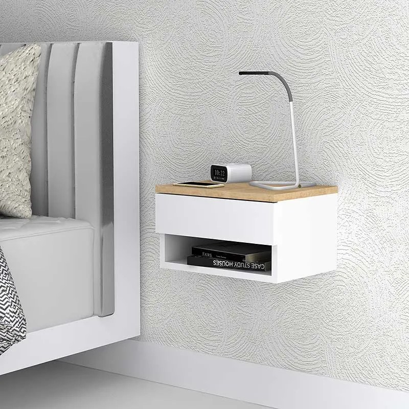 Κομοδίνο επιτοίχιο Mary Megapap χρώμα φυσικό οξιάς - λευκό 40x30x23εκ.