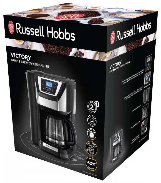Καφετιέρα Russell Hobbs Victory Grind & Brew 22000-56, 1025W, 1,5 L, 250 g, 12 φλιτζάνια, χρονοδιακόπτης, ενσωματωμένο φίλτρο, μαύρο/οξυζενέ