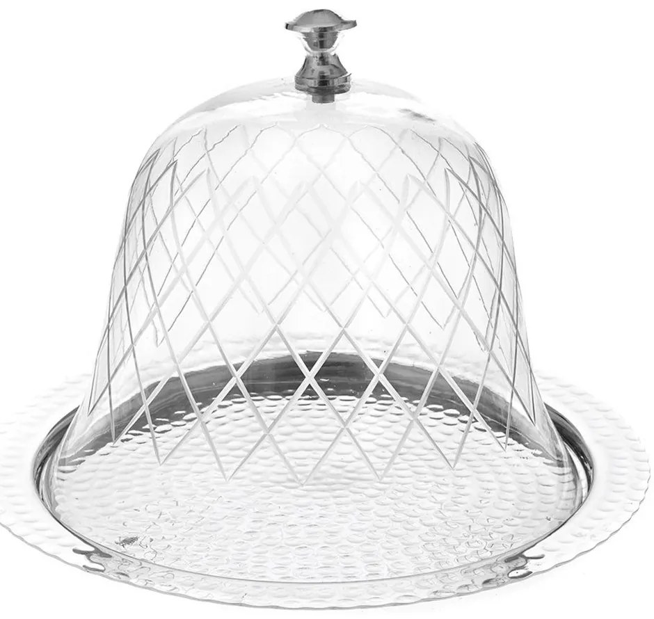 Δίσκος Με Γυάλινη Καμπάνα 83065 30x25cm Clear-Silver Μέταλλο,Γυαλί