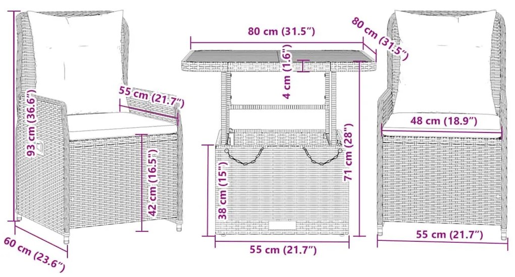 Σετ Επίπλων Bistro 3 τεμ. Μπεζ Συνθετικό Ρατάν με Μαξιλάρια - Μπεζ