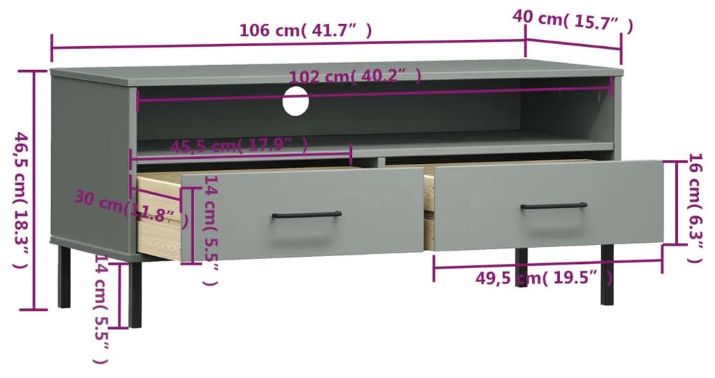 Έπιπλο Τηλεόρασης OSLO Γκρι Μασίφ Ξύλο Πεύκου με Μετ. Πόδια - Γκρι