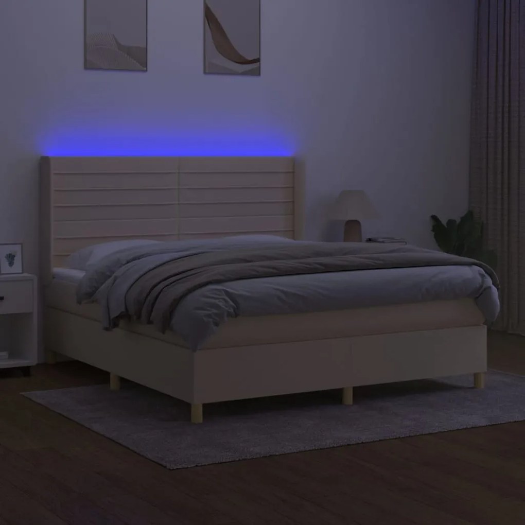 Κρεβάτι Boxspring με Στρώμα &amp; LED Κρεμ 180x200 εκ. Υφασμάτινο - Κρεμ