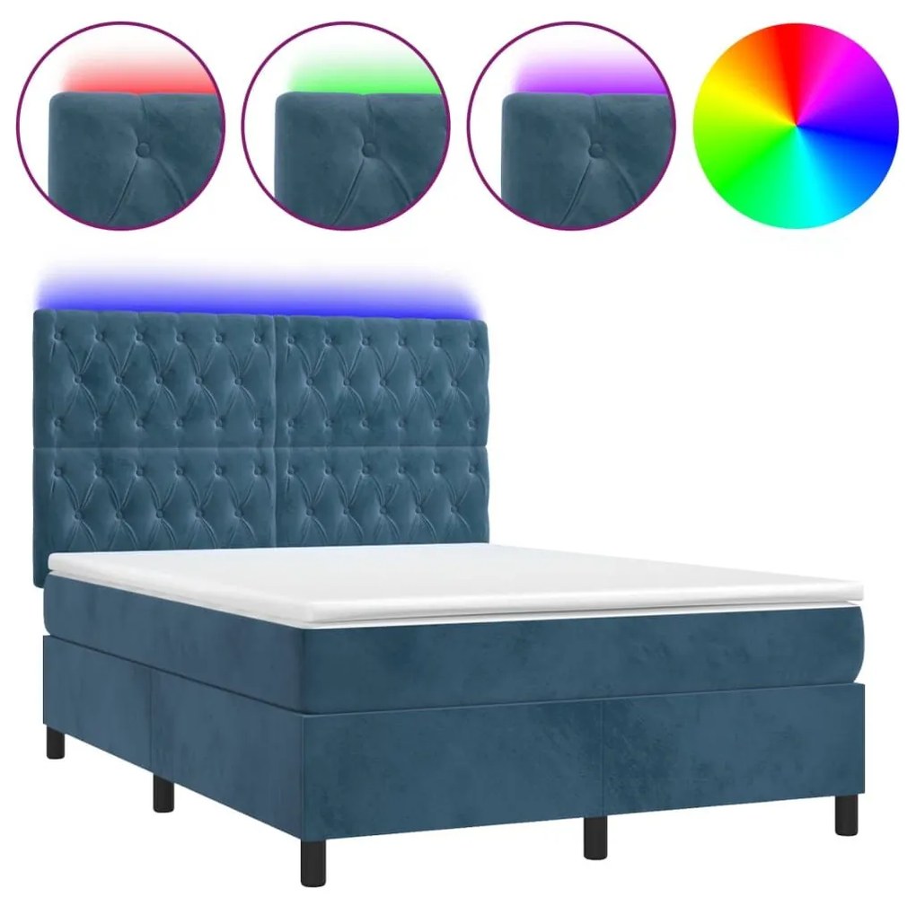 Κρεβάτι Boxspring με Στρώμα &amp; LED Σκ. Μπλε 140x190εκ. Βελούδινο - Μπλε