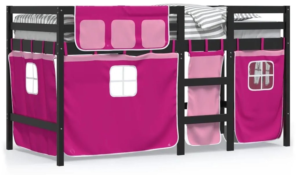 Υπερυψ. Κρεβάτι με Κουρτίνες Ροζ 90 x 190 εκ. Μασίφ Ξύλο Πεύκου - Ροζ