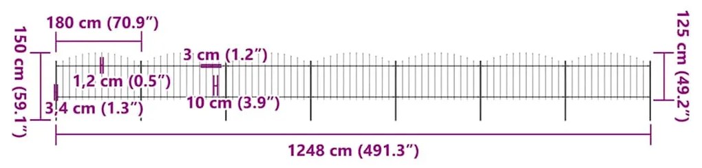 vidaXL Κάγκελα Περίφραξης με Λόγχες Μαύρα (1,25-1,5)x11,9 μ. Ατσάλινα