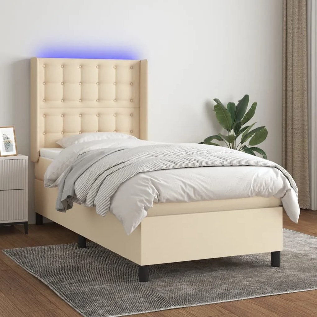 ΚΡΕΒΑΤΙ BOXSPRING ΜΕ ΣΤΡΩΜΑ &amp; LED ΚΡΕΜ 90X190 ΕΚ. ΥΦΑΣΜΑΤΙΝΟ 3138602