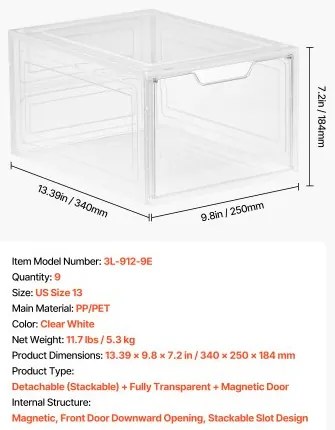 VEVOR Shoe Storage Boxes 9PCS Stackable Shoe Boxes US Size 13 Transparent White