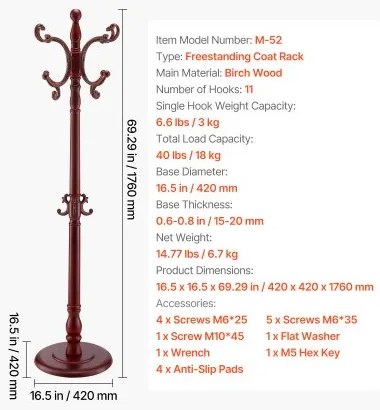 VEVOR Freestanding Coat Rack Wooden Coat Tree with Stable Large Base &amp; 11 Hooks