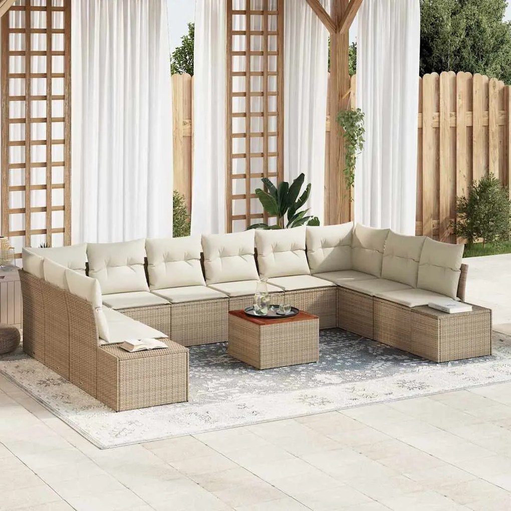 vidaXL Σετ Καναπέ Κήπου με μαξιλάρι 11 pcs Μπεζ Πολυ ράταν