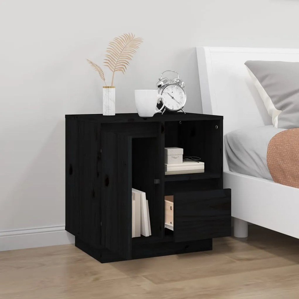 vidaXL Κομοδίνο Μαύρο 50 x 34 x 50 εκ. από Μασίφ Ξύλο Πεύκου