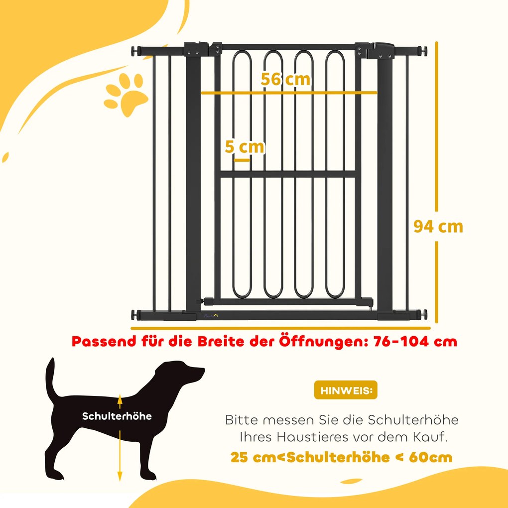 PawHut Πύλη ασφαλείας για σκύλους, 76-104 cm Πύλη φραγής χωρίς βίδωμα, Πύλη ασφαλείας σκάλας