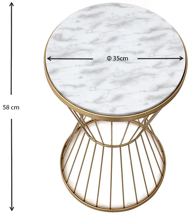 Βοηθητικό τραπεζάκι Hoffman Megapap μεταλλικό - Mdf χρώμα χρυσό - λευκό εφέ μαρμάρου 35x35x58εκ.