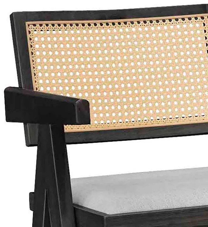 Σκαμπό bar Winslow pakoworld ξύλο rubberwood μαύρο-pvc rattan φυσικό-ύφασμα γκρι