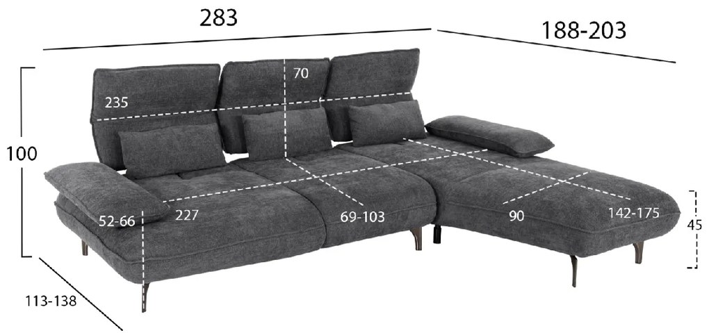 ΓΩΝΙΑΚΟΣ ΚΑΝΑΠΕΣ (ΔΕΞΙΑ) CONVERT HM3268.03R ΓΚΡΙ ΥΦΑΣΜΑ 283x188x100Υεκ.