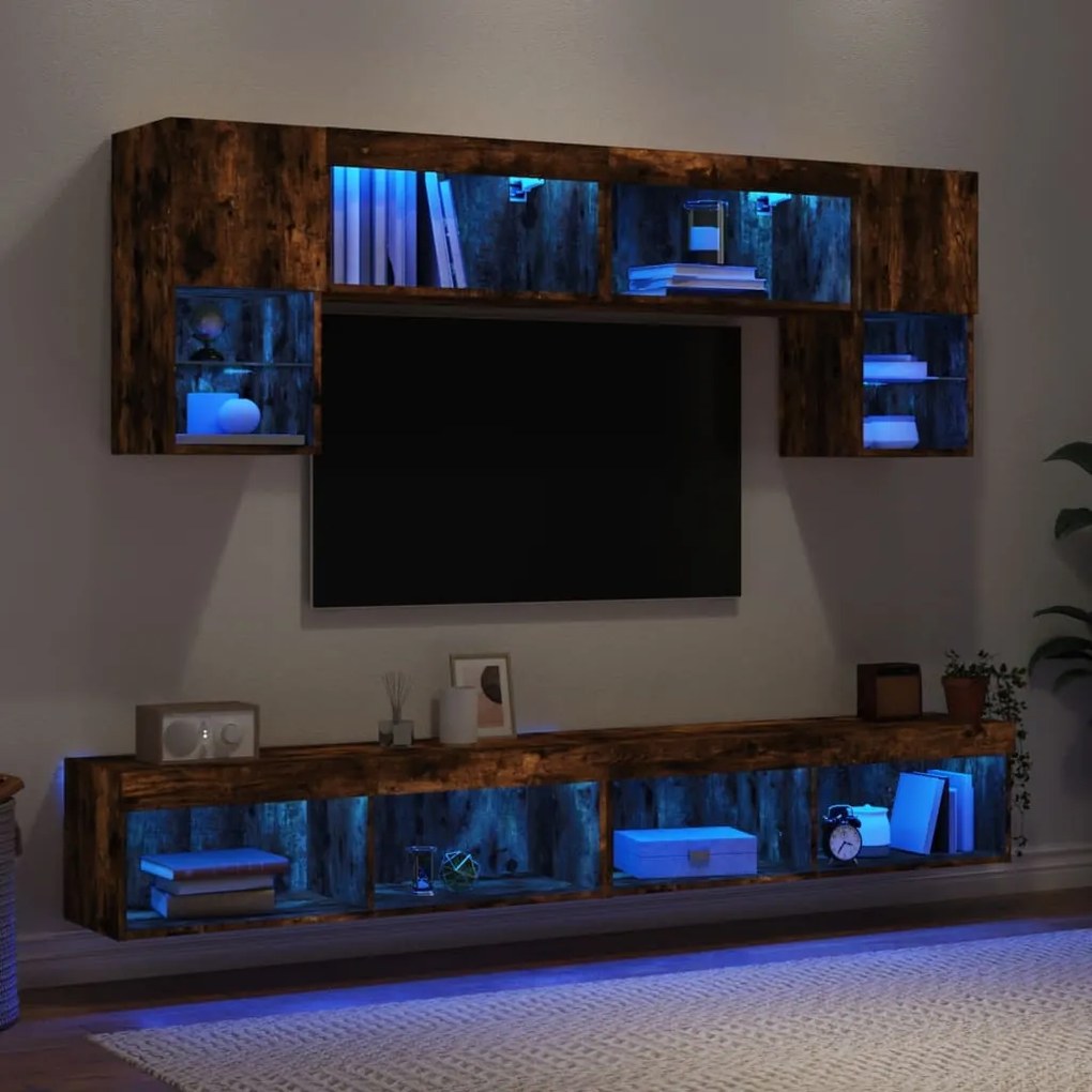 vidaXL Έπιπλα Τοίχου Τηλεόρασης 6 τεμ LED Καπνιστή Δρυς από Επεξ. Ξύλο