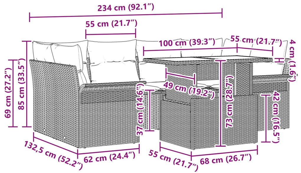 vidaXL Σετ Καναπέ Κήπου 7 κομματιών της με Μαξιλάρια Ανοιχτό Γκρι Πολυ Ρατάν