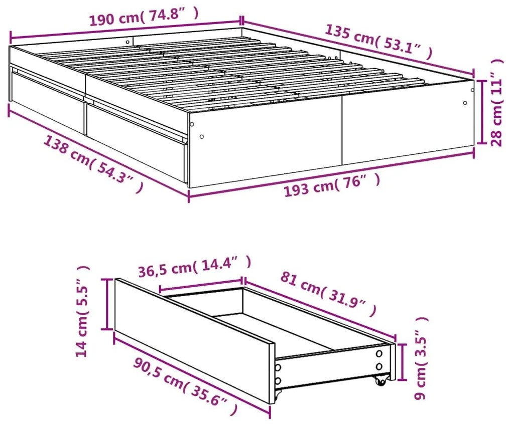 Πλαίσιο Κρεβατιού με συρτάρια Γκρι sonoma 135x190εκ. Επεξ. Ξύλο - Γκρι