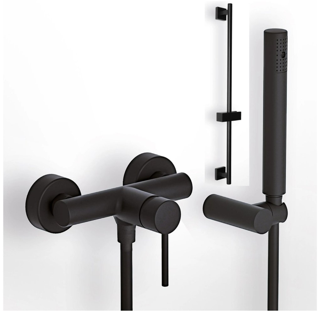 Eurorama Tonda Black Matt 145150-400 Μπαταρία Ντουζιέρας με Tηλέφωνο, Eπίτοιχο Στήριγμα Τηλεφώνου και PVC Σπιράλ
