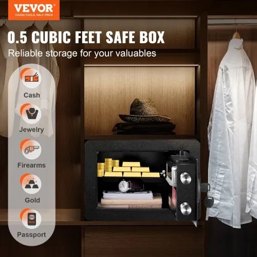 VEVOR Safe, 0.5 Cubic Feet Home Safe, Steel Security Safe with Digital Keypad and 2 Keys, Wall-Mounted Cabinet Safe Protect Cash, Gold, Jewelry, Documents for Home, Hotel, 13.8 x 9.8 x 9.8 inches