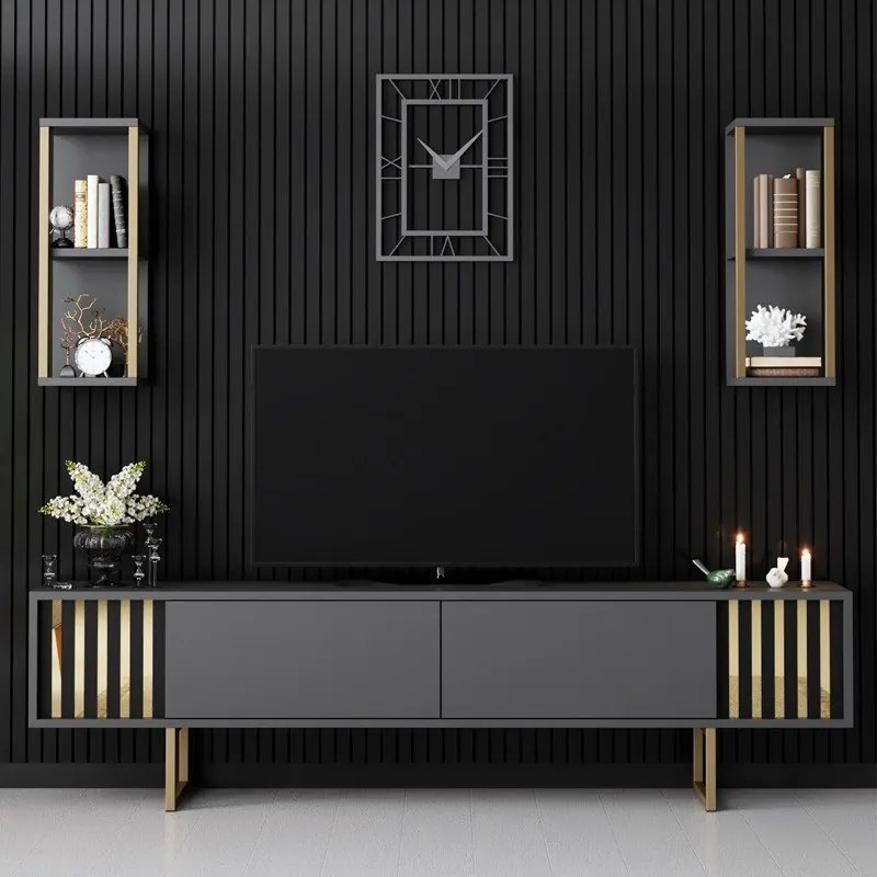 Megapap Σύνθεση Τηλεόρασης Goldline Ανθρακί - Χρυσό 180x30x48εκ.