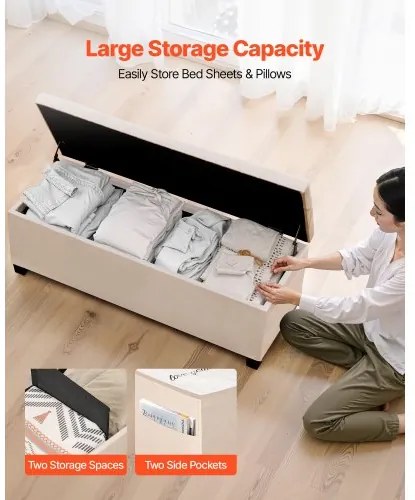 VEVOR Storage Ottoman Bench, Button-Tufted End of Bed Bench with Side Bags, Flip-up Upholstered Storage Chest with Metal Frame, Linen Bed Ottoman for Living Room, Bedroom, Entryway, Office, Beige