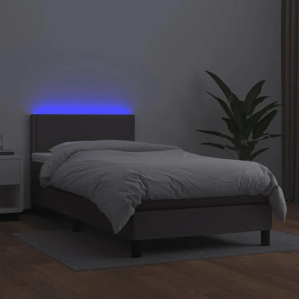 vidaXL Κρεβάτι Boxspring με Στρώμα & LED Γκρι 90x190 εκ. Συνθ. Δέρμα