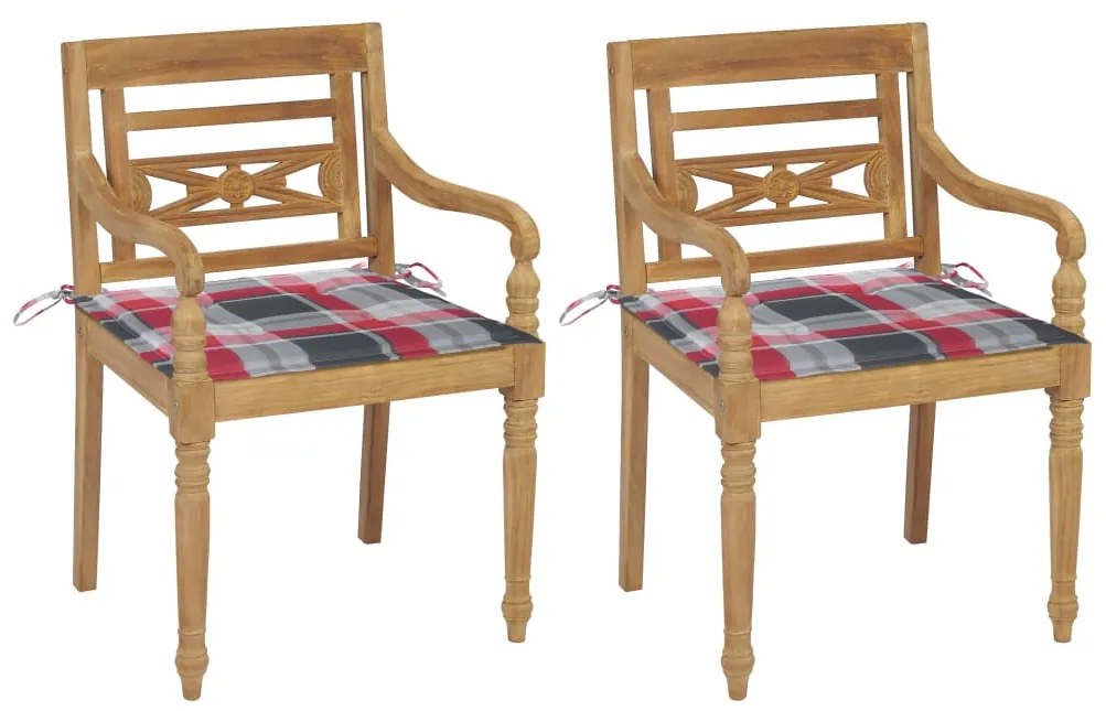 Καρέκλες Batavia 2 τεμ. από Ξύλο Teak & Κόκκινα Καρό Μαξιλάρια