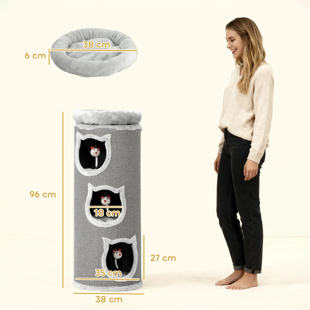 Κρεβάτι για γάτες PawHut, 96 cm, πύργος για γάτες 4 επιπέδων με πλενόμενο κρεβάτι, 3 κρυψώνες, κρεμαστό παιχνίδι, για πολλές γάτες Γκρι