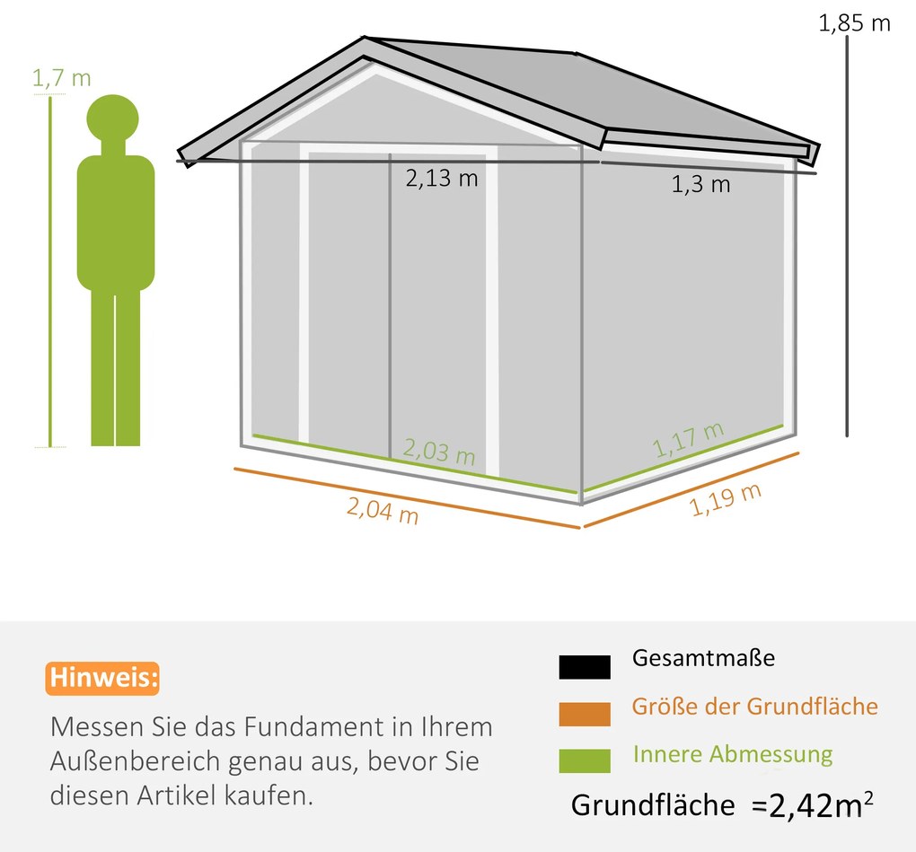 Outsunny Αποθήκη Εργαλείων με Συρόμενες Πόρτες 2,13 x 1,30 x 1,85cm Μέταλλο Γκρι