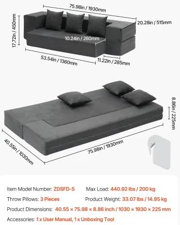 VEVOR Folding Sofa Bed 3-in-1 Foldable Couch Bed with 3 Pillows Dark Grey Twin