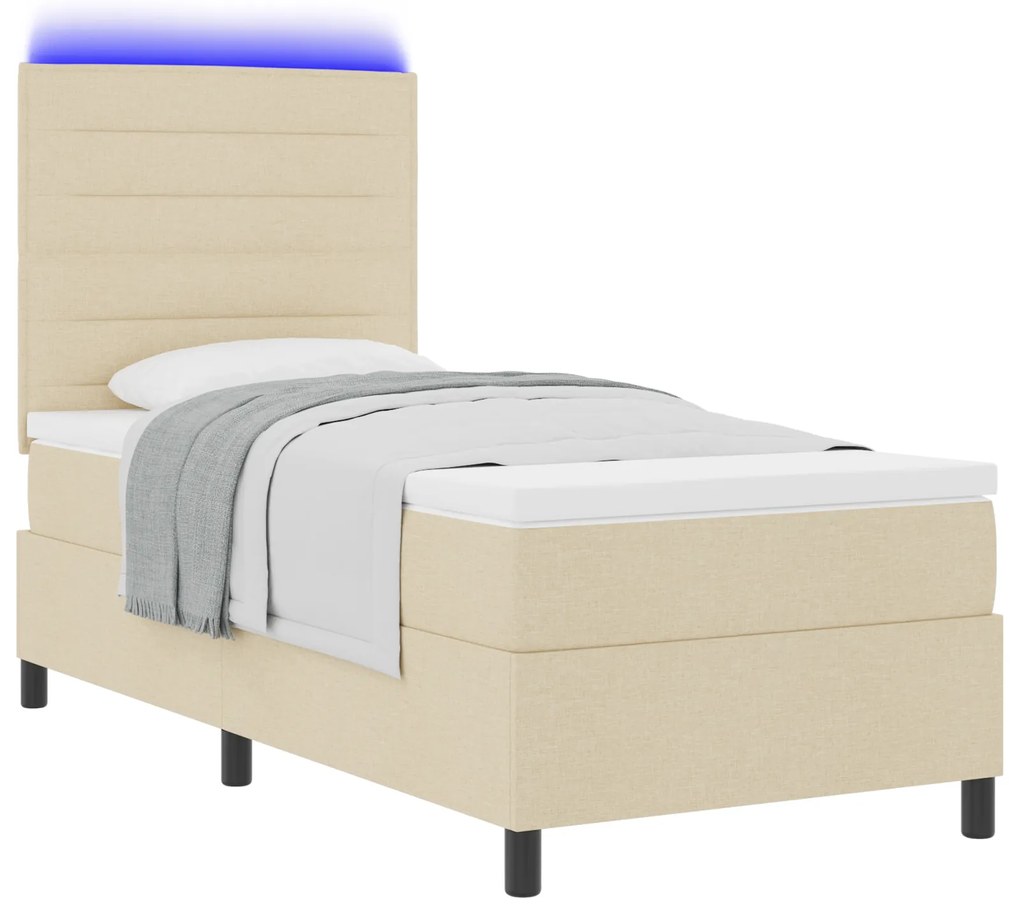 vidaXL Κρεβάτι με ελατήρια και στρώμα & LED σε κρεμ, 90 x 200 cm, Υφασμάτινο