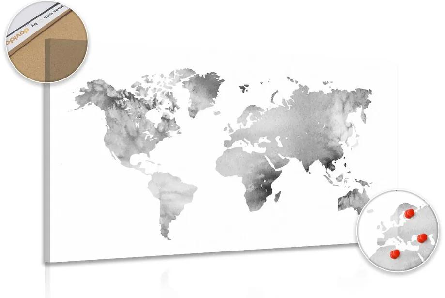 Εικόνα στον παγκόσμιο χάρτη από φελλό σε ασπρόμαυρο σχέδιο ακουαρέλας - 120x80  peg
