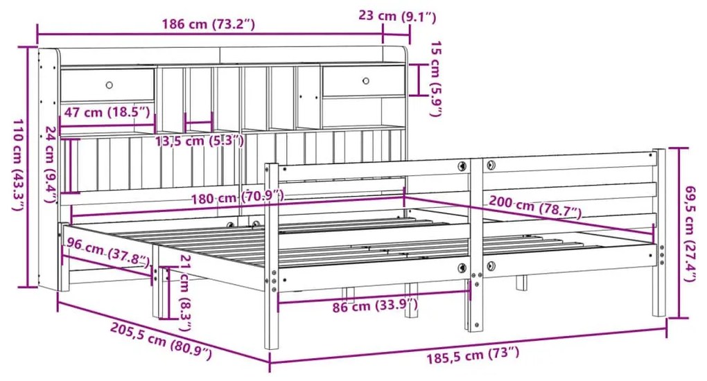 Κρεβάτι Βιβλιοθήκη Χωρίς Στρώμα 180x200 εκ Μασίφ Ξύλο Πεύκου - Καφέ