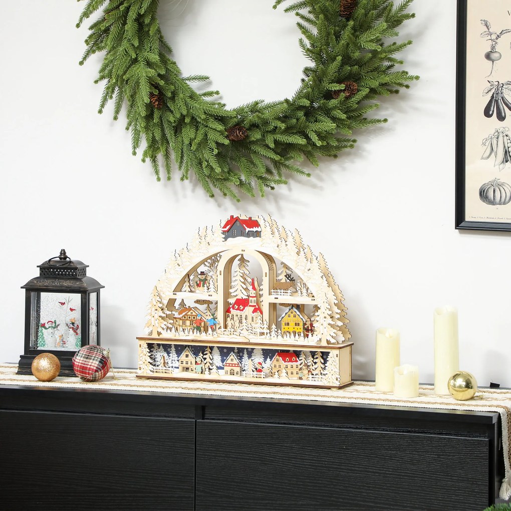 HOMCOM Χριστουγεννιάτικο Χωριό με Φωτισμό LED, 45 cm Χριστουγεννιάτικη Πόλη με Χιονάνθρωπο, Τάρανδο και Δέντρα Φυσικό Ξύλο