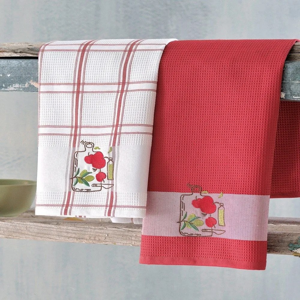 Πετσέτες Κουζίνας Πικέ (Σετ 2τμχ) Chop Red Ρυθμός 45x70cm 100% Βαμβάκι
