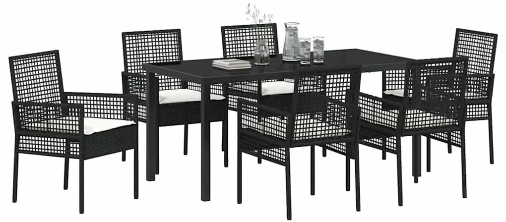 vidaXL Σέτ φαγητού για κήπο με μαξιλάρι 7 pcs Μαύρο Πολυ ράταν