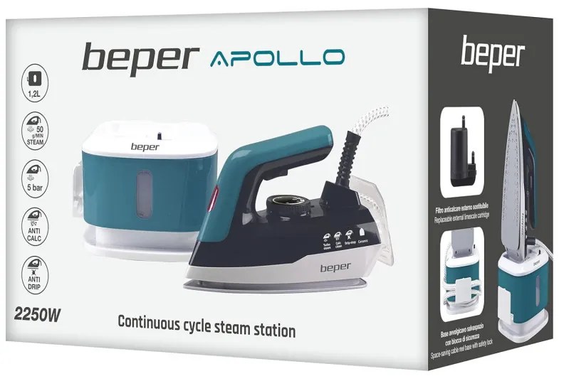 Σίδερο Beper P204CAL200, 2250W, Κεραμική πλάκα, Θερμοστάτης, Φίλτρο, Συνεχής κύκλος, Λευκό/Μπλε-Πράσινο