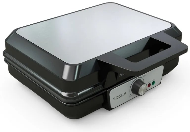 Συσκευή για βάφλες Tesla WM200BX, 1000W, Για 2 βάφλες, Αντικολλητικές πλάκες, 140 - 220C, Ασήμι/Μαύρο