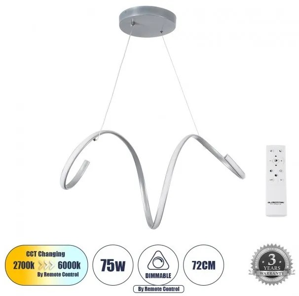 Κρεμαστό Φωτιστικό SPIRALE LED CCT 75W Αλουμίνιο 8400lm Globostar 61285 Ασημί