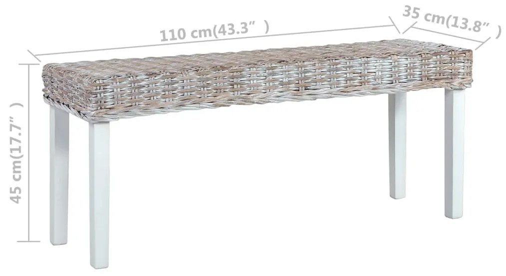 vidaXL Πάγκος 110 εκ. Λευκός Φυσικό Ρατάν Kubu και Μασίφ Ξύλο Μαόνι