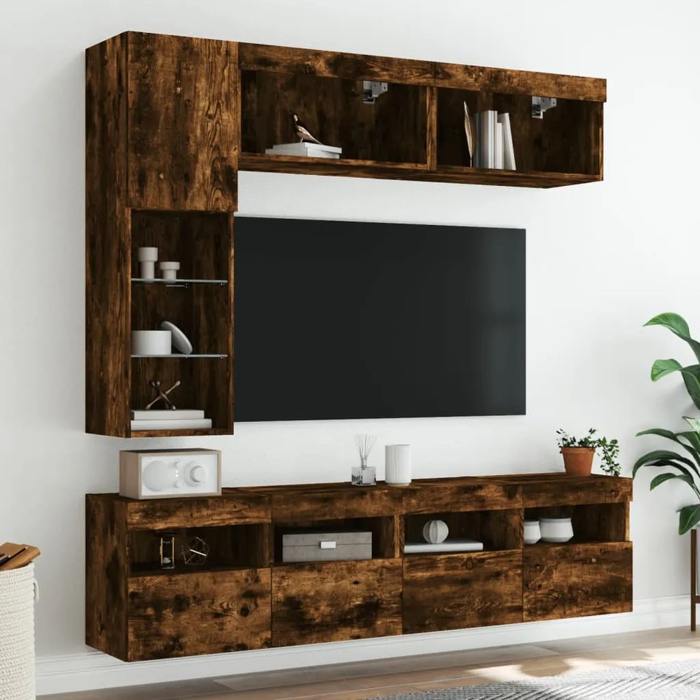 vidaXL Ντουλάπια Τηλεόρασης Τοίχου 7 τεμ. με Φώτα LED Καπνιστή Δρυς